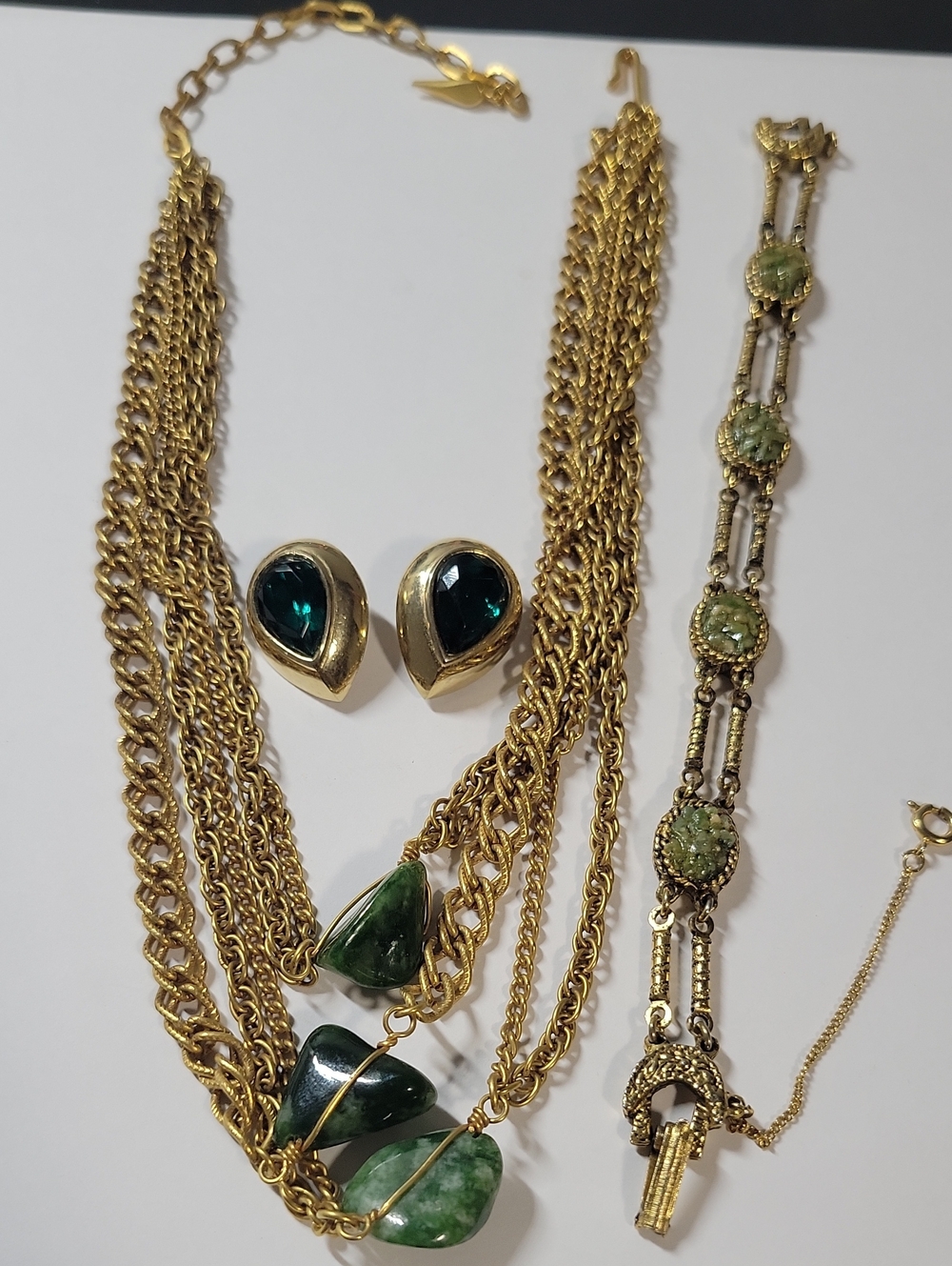 Gold-Tone Green Gemstone Multi-Strand Necklace Set